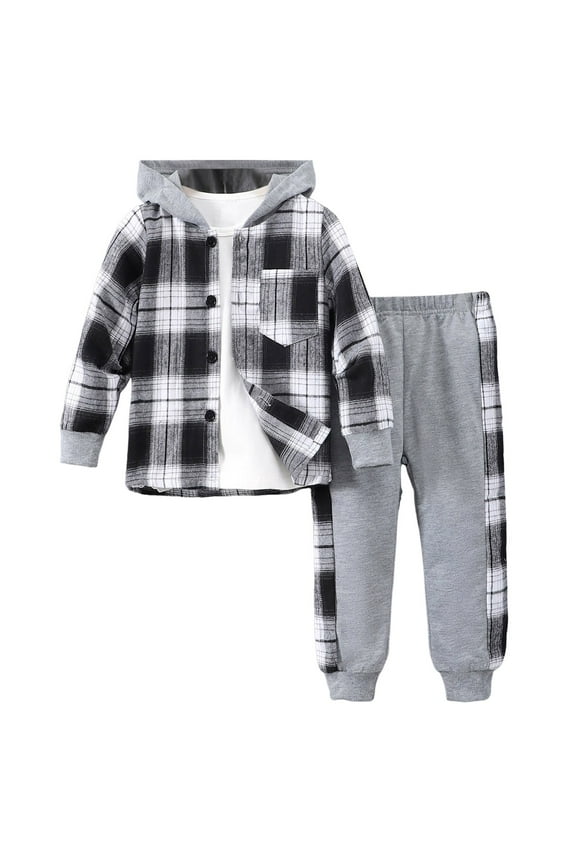 Boys Clothes Flannel Plaid Hooded Sweatshirt & Pants 2PCS Kids Boys Fall Winter Outfits Sets Black for Size 3-4 Years