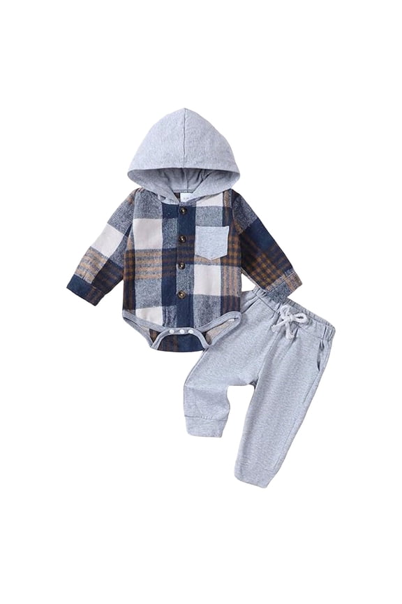 Boys Clothes Plaid Long Sleeve Hooded Romper Top + infant Boys Pants Newborn Outfit Set Gray for Size 6-9 Months