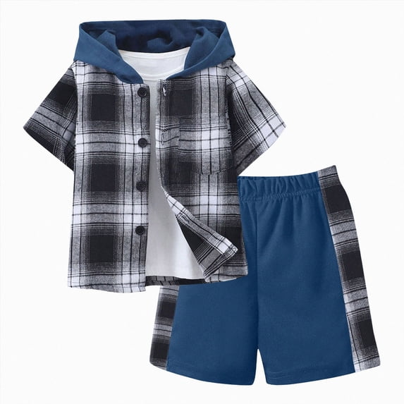 newwalpole Boys Clothes Shorts Sets Plaid Short Sleeve Hooded Button Shirt and Jogger Shorts for Kids Summer Outfits (Blue,5-6 Years)