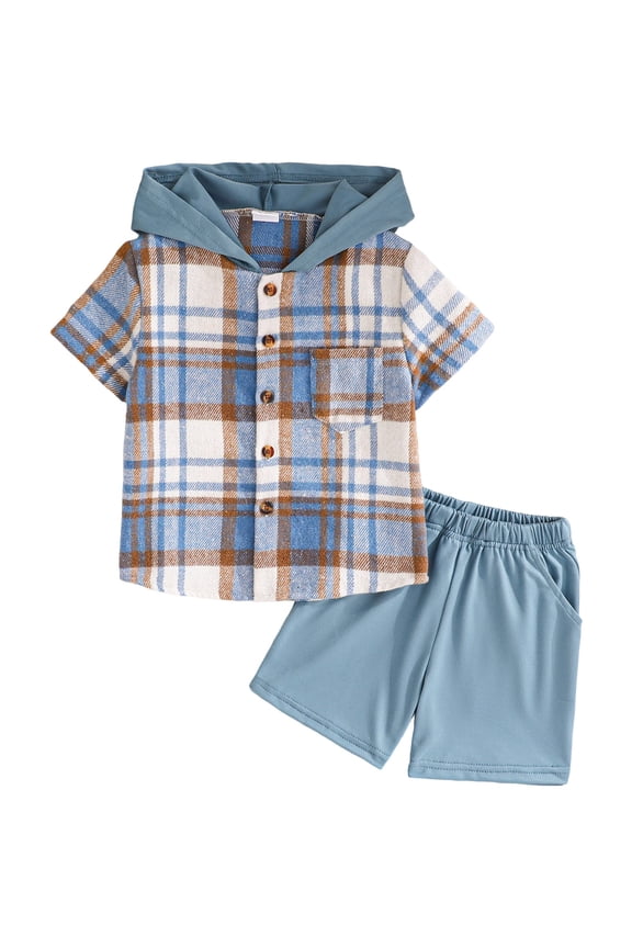 Boys Clothes Shorts Sets Plaid Short Sleeve Hooded Button Shirt and Jogger Shorts for Kids Summer Outfits Light Blue for Size 2-3 Years