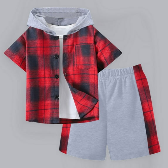 newwalpole Boys Shorts Sets 2Pcs Plaid Short Sleeve Hooded Button Shirt and Jogger Shorts Summer Outfits for Kids Red for Size 8-9 Years