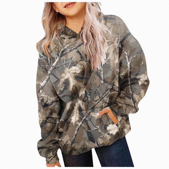 newwalpole Camo Hoodies for Kids Maple Leaf Print Sweatshirt with Pocket | Oversized Drop Shoulder Pullover Tops Casual Long Sleeve Girls Cute Hoodies(Army Green,4-5)