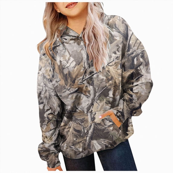 newwalpole Camo Hoodies for Kids Maple Leaf Print Sweatshirt with Pocket | Oversized Drop Shoulder Pullover Tops Casual Long Sleeve Girls Cute Hoodies(Bronze,5-6)
