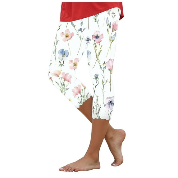 newwalpole Capri Leggings for Women Fall Floral Printed Plus Size Capris High Waist Knee Length Slim Fit Yoga Cropped Legging White for Size M