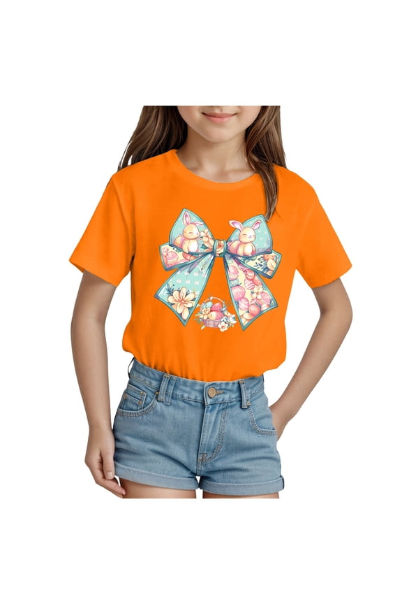Cute Graphic Shirts for Girls Pink Bow Shirt for Kids Coquette Preppy Clothes Summer Tees Tops for Tweens Orange for Size 9-10 Years