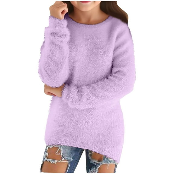 newwalpole Fall Sweaters for Girls Flannel Fluffy Fuzzy Loose Cozy Long Sleeve Pullover Kids Cute Warm Jumper Sweater Purple for Size 9-10 Years