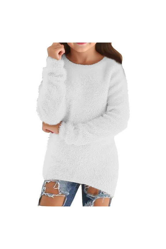 Fall Sweaters for Girls Flannel Fluffy Fuzzy Loose Cozy Long Sleeve Pullover Kids Cute Warm Jumper Sweater White for Size 15-16 Years