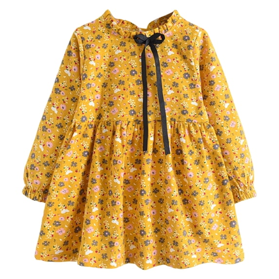 newwalpole Fashion Little Girls Floral Dress Long Sleeve Ruffled Cute Spring Autumn Yellow for Size 7-8 Years