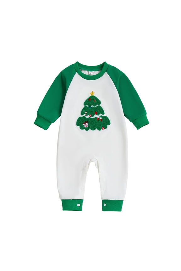 My First Christmas Baby Boy Girl Outfit Newborn Christmas Tree Embroidery Romper Long Sleeve Bodysuit Fall Winter White for Size 0-3 Months