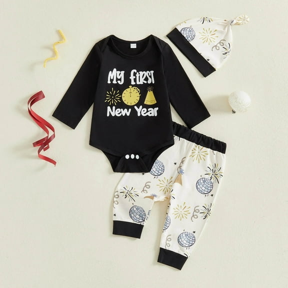 newwalpole My First New Years Baby Boy Outfit 1st New Year Romper Long Pants and Hat Happy New Year Outfit 3Pcs Cute Clothes Black for Size 0-3 Months