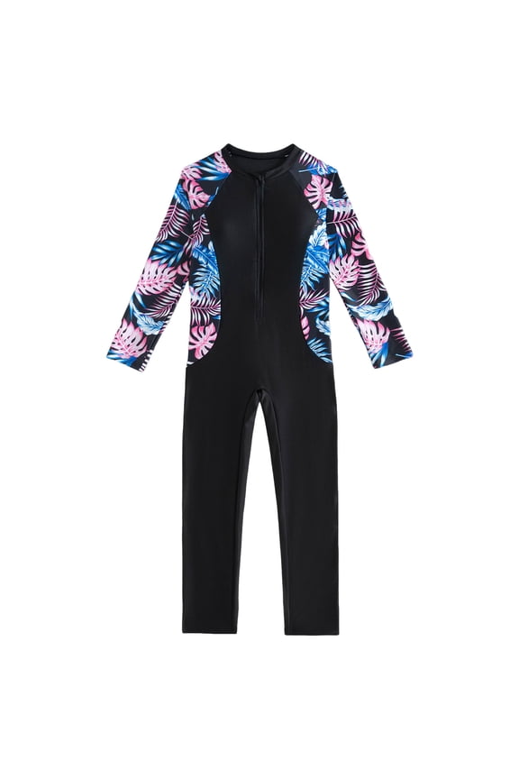 Full Body Kids Swimsuit One Piece Rash Guard Long Sleeve Wetsuit Skin for Girls Boys Black for Size 7-8 Years