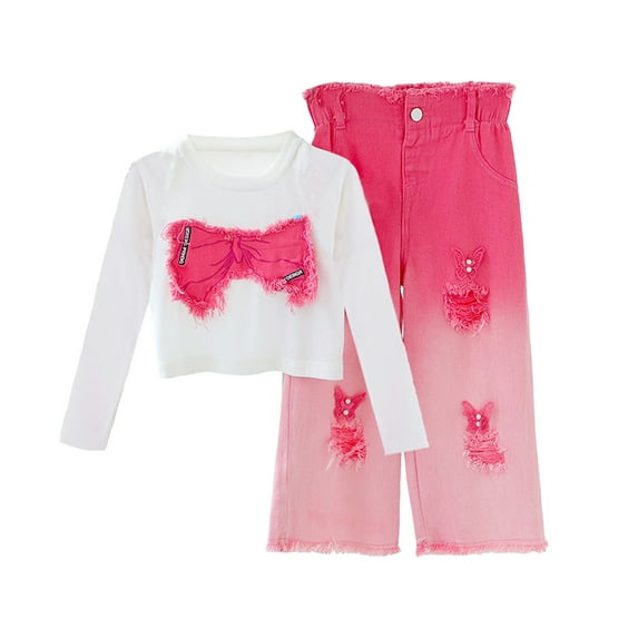 newwalpole Girl's 2 Piece Outfits Camo Bow Graphic Long Sleeve T Shirt and Cargo Pants Set Fall Clothes Streetwear Hot Pink for Size 5-6 Years