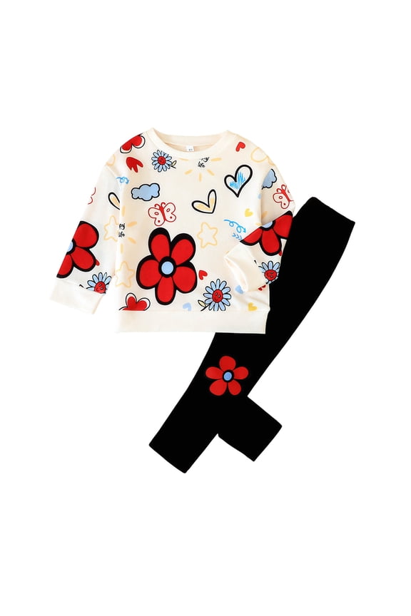 Girl's 2 Piece Outfits Long Sleeve Floral Sweatshirt and Leggings Pants Fall Clothing Set Red for Size 7-8 Years