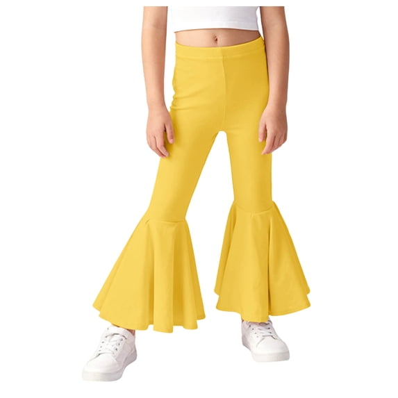 newwalpole Girl's Flare Leggings High Waist Bell Bottom Pants Dance Casual Pants Kids Print Stretch Hippie Pants Yellow for Size 5-6 Years