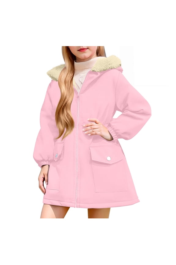 Girl's Long Winter Warm Parka Sherpa Trimmed Collar Puffer Ski Jacket Coat Pink for Size 11-12 Years