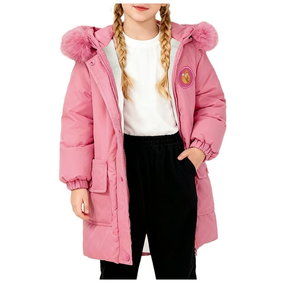 newwalpole Girl's Puffer Jacket Kids Long Winter Coats Knee Length Parka Warm Fleece Lined Snow Outerwear with Fuzzy Hood Watermelon Red for Size 7-8 Years