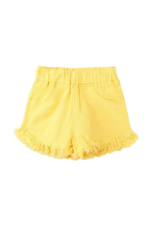 Girl's Ripped Raw Hem Straight Leg Jean Shorts Elastic Waist Zipper Fly Denim Shorts Yellow for Size 6-7 Years