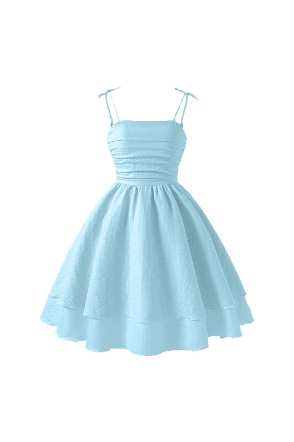 Girl's Smocked Ruched A Line Swing Dress Layered Tie Shoulder Flowy Cami Short Dress Sky Blue for Size 10-11 Years