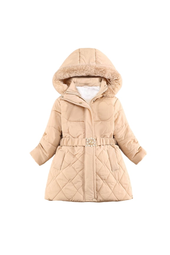 Girl's Winter Coat Waterproof Puffer Jacket Warm Hooded Parka Khaki for Size 5-6 Years