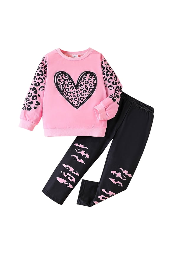 Girls 2 Piece Heart-Print Leopard-Print Outfits Long Sleeve Pullover and Leggings Clothing Set Outfits for Girls Pink for Size 5-6 Years