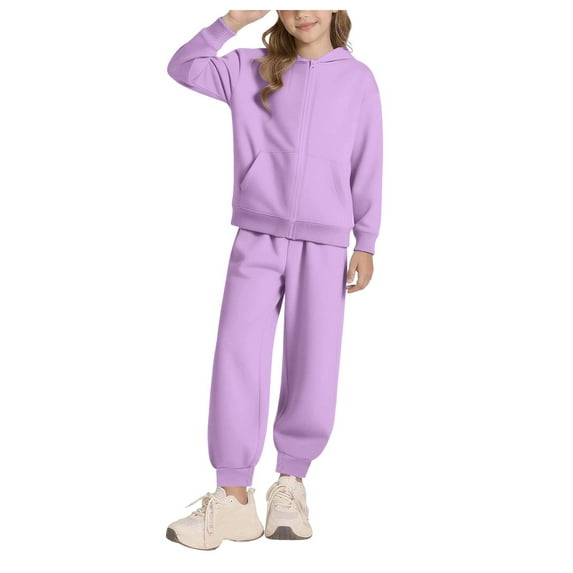 newwalpole Girls 2 Piece Outfits Hoodie Zip Drop Shoulder Sweatshirt and Sweatpants Set with Pockets Sweatsuit Fall Clothes Light Purple for Size 9-10 Years