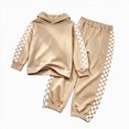 thumbnail image 1 of newwalpole Girls 2 Piece Tracksuit Set Checkerboard Stripe Hoodie Sweatshirt and Pants Athletic Lounge Outfit(Khaki,9-10 Years), 1 of 9