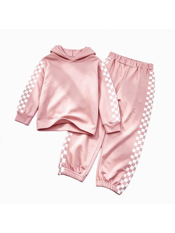Girls 2 Piece Tracksuit Set Checkerboard Stripe Hoodie Sweatshirt and Pants Athletic Lounge Outfit(Pink,13-14 Years)