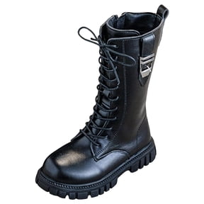 newwalpole Girls Boots Combat Boots PU Leather Lace Up Side Zipper Booties Mid Calf Platform Boot Black for Size 10