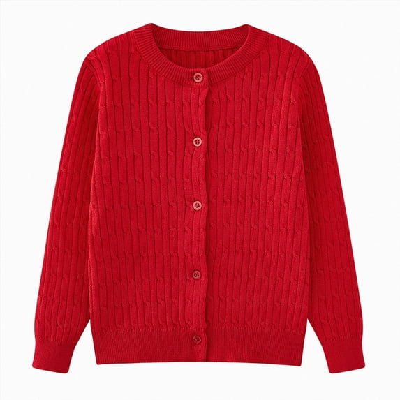 newwalpole Girls Cardigan Long Sleeve Chunky Cable Knit Cardigan for Girls Button Front Uniform School Sweater(Red,3-4 Years)