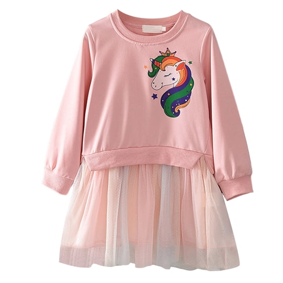 newwalpole Girls Cartoon Dress Applique Party Dresses Casual Cotton Long-Sleeved Pink for Size 5-6 Years