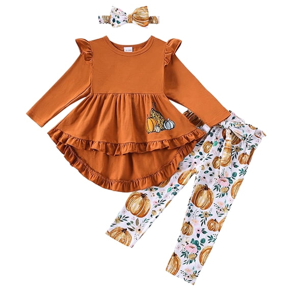 newwalpole Girls Clothes 3 Piece Set Ruffle Shirt Long Sleeve Bowknot Top and Floral Leggings Sets Coffee for Size 3-4 Years