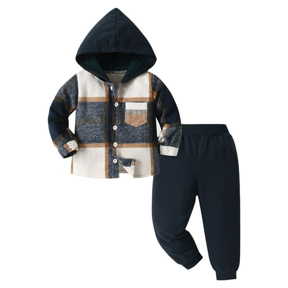 newwalpole Girls Clothes Fall Outfits Classic Flannel Plaid Soft Cozy Hoodies for Girls Sweatshirt Sweatpant 2pcs Sets Navy for Size 6-12 Months