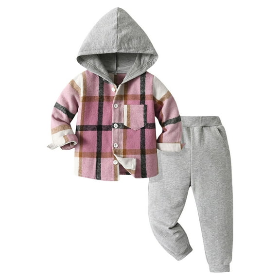 newwalpole Girls Clothes Fall Outfits Classic Flannel Plaid Soft Cozy Hoodies for Girls Sweatshirt Sweatpant 2pcs Sets Pink for Size 18-24 Months