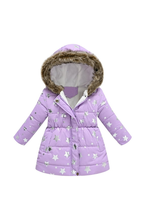 Girls' Cotton Jackets Winter Mid-Length Plush and Thickened Stylish Girls' Puffer Jackets, Warm Winter Coat for Kids Light Purple for Size 6-7 Years