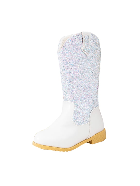 Girls Cowgirl Boots Unisex-Child Mid Calf Glitter Toddler Cowboy Boot Little Big Kids Western Riding Shoes White for Size 2.5