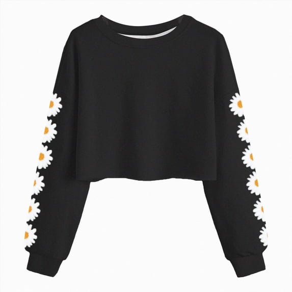 newwalpole Girls Crop Tops Kids Long Sleeve Pullover Sweatshirts Girls Cropped Crewneck Sweatshirt for Teen Girl | Kids Crop Tops Cute Fall Fashion Sweatshirt for 5-14 Years (Black, 12-13 Years)