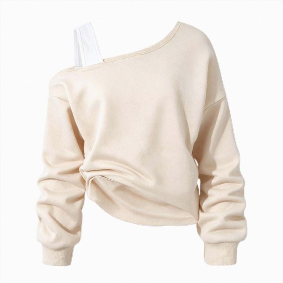 newwalpole Girls Cropped Sweatshirt Off Shoulder Long Sleeve Casual Crop Top | Cute Loose Fit Pullover Solid Color Y2K Trendy Shirt for Daily School Wear(Beige,15-16 Years)