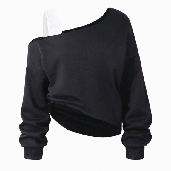 newwalpole Girls Cropped Sweatshirt Off Shoulder Long Sleeve Casual Crop Top | Cute Loose Fit Pullover Solid Color Y2K Trendy Shirt for Daily School Wear(Black,11-12 Years)