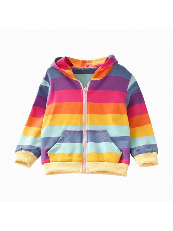 Girls Full Zip Up Hoodies Fashion Rainbow Colorful Long Sleeve Hooded Sweatshirts Loose Casual Pockets Jacket Coat for Tween(Hot Pink,3-4 Years)
