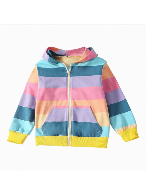 Girls Full Zip Up Hoodies Fashion Rainbow Colorful Long Sleeve Hooded Sweatshirts Loose Casual Pockets Jacket Coat for Tween(Pink,12-18 Months)