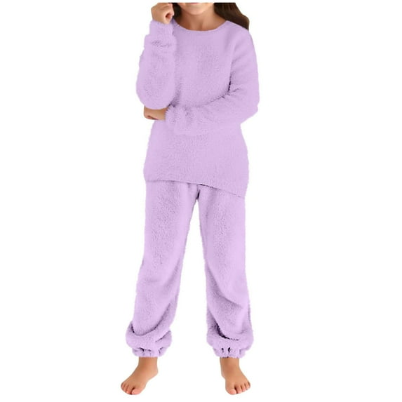newwalpole Girls Fuzzy Pants Set Fleece Outfits Winter Flannel Loose Fluffy Pullover Sweatshirt Top Pants Sweatsuit Purple for Size 15-16 Years