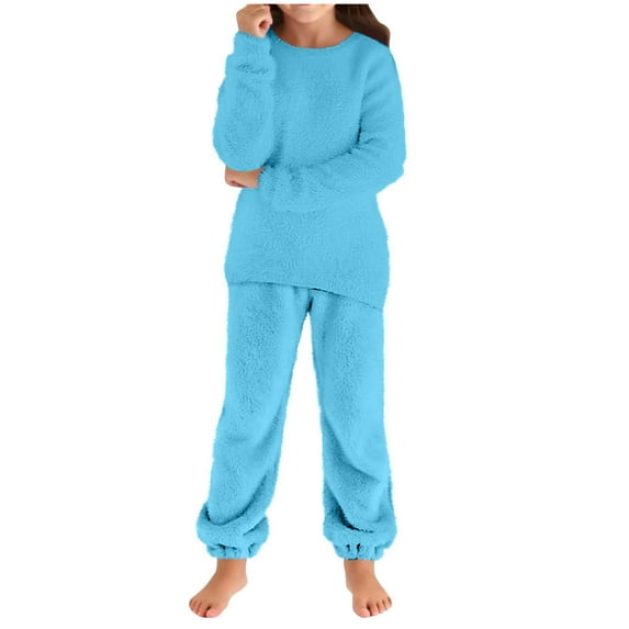 newwalpole Girls Fuzzy Pants Set Fleece Outfits Winter Flannel Loose Fluffy Pullover Sweatshirt Top Pants Sweatsuit Sky Blue for Size 9-10 Years
