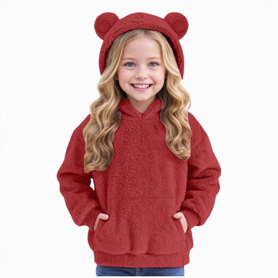newwalpole Girls Hoodies Fuzzy Sweater Warm Sherpa Top Kids Pullover Sweatshirts With Pockets(Red,14-15 Years·)