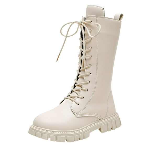 newwalpole Girls Lace Up Riding Boots Fall Kids Mid Calf Combat Shoes PU Leather Side Zipper Cowboy Punk Cute Goth Boot White for Size 12