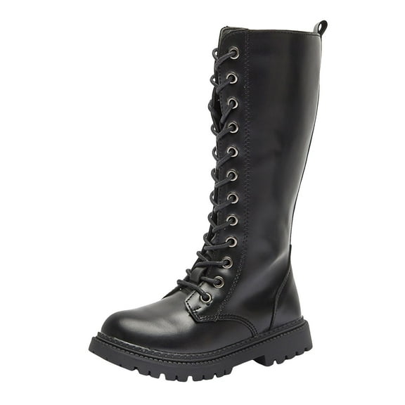 newwalpole Girls Lace Up Riding Boots Mid Calf Combat Boots Fashion Waterproof PU Leather Side Zipper Punk Goth Boot Black for Size 1.5