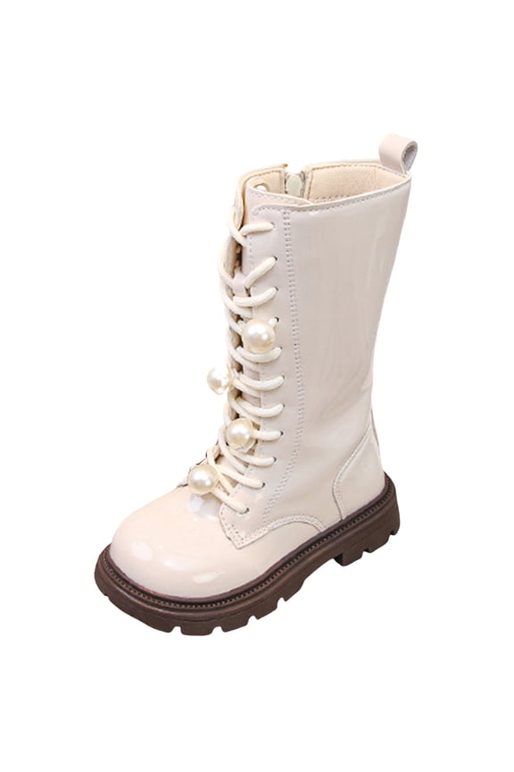 Girls Lace Up Riding Boots Mid Calf Combat Boots Fashion Waterproof PU Leather Side Zipper Punk Goth Boot White for Size 9