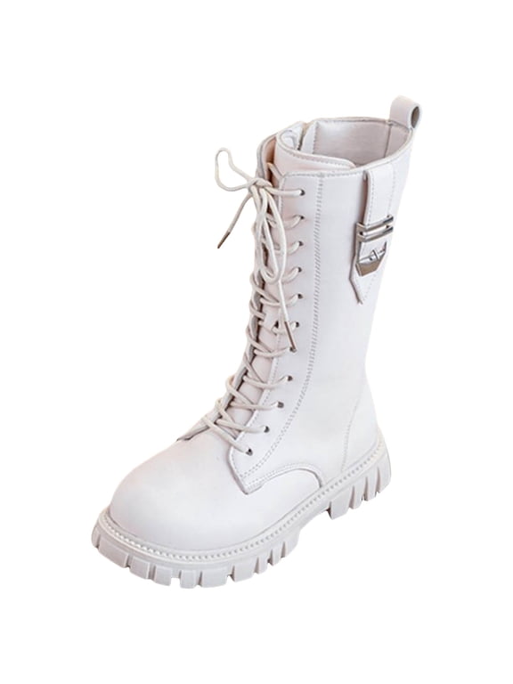 Girls Lace Up Riding Boots Mid Calf Combat Boots PU Leather Side Zipper Punk Goth Boot White for Size 11