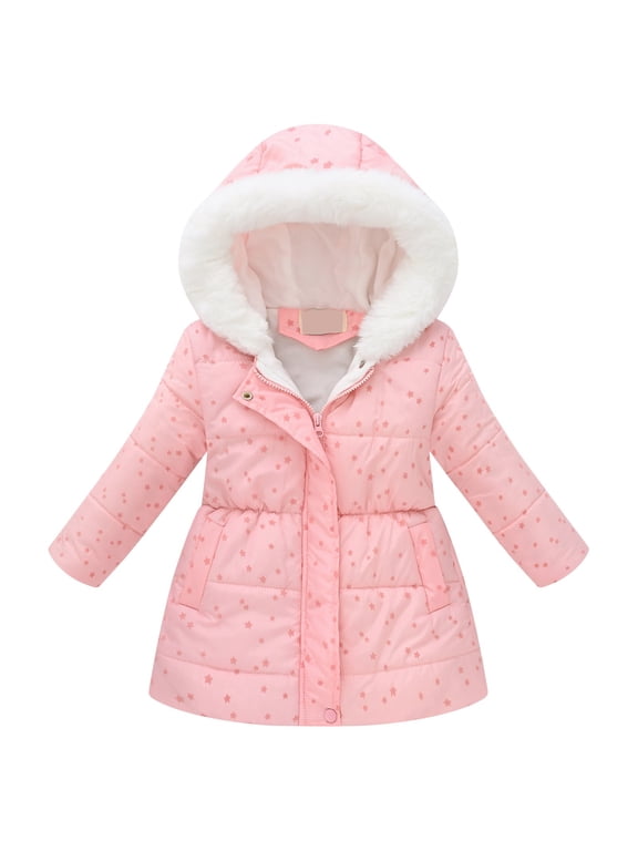 Girls' Long Puffer Jacket Thickened Overcoat Winter Coat with Faux Fuzzy Lined Hood Waterproof Heavy Parka Warm Pink for Size 7-8 Years
