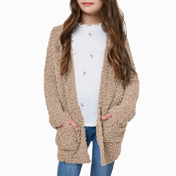 newwalpole Girls Long Sleeve Cardigan Sweaters Open Front Cable Knit Chunky Cardigans Kids Oversized Cute Outerwear Coat(Khaki,11-12 Years)