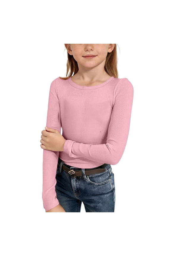 Girls Long Sleeve Ribbed Knit Shirts Soft Slim Fit Crewneck Casual Base Layer Tops Tees Pink for Size 7-8 Years